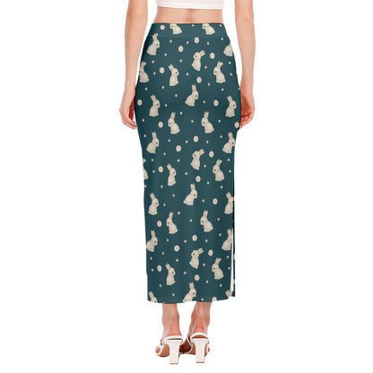 Baby Rabbit Pattern Print Side Slit Maxi Skirt