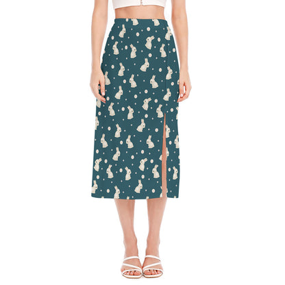 Baby Rabbit Pattern Print Side Slit Midi Skirt