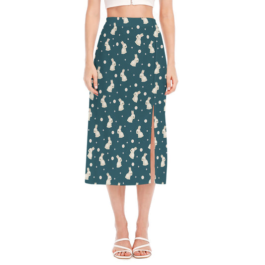 Baby Rabbit Pattern Print Side Slit Midi Skirt