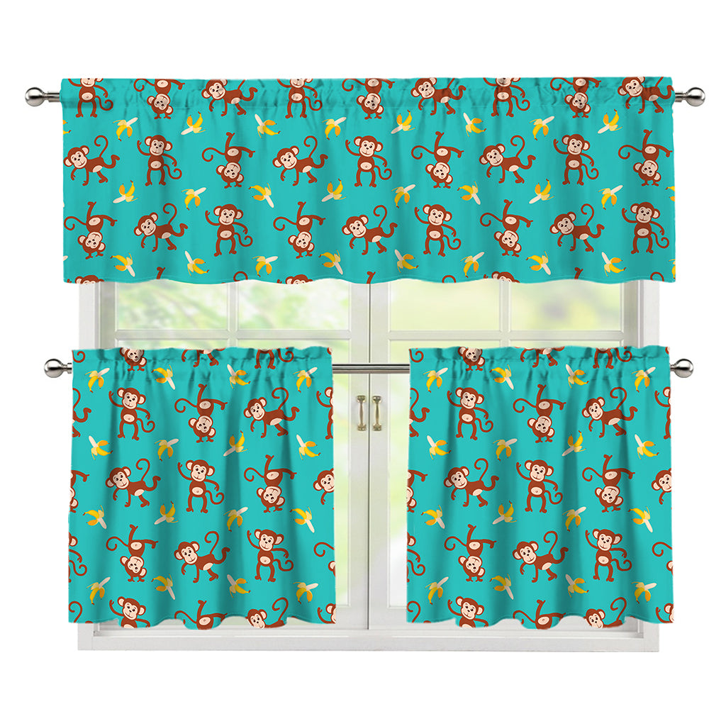 Banana And Monkey Pattern Print 3 Piece Kitchen Curtains