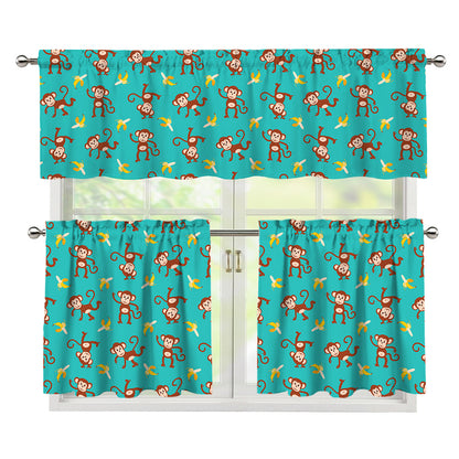 Banana And Monkey Pattern Print 3 Piece Kitchen Curtains