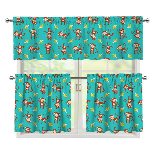 Banana And Monkey Pattern Print 3 Piece Kitchen Curtains