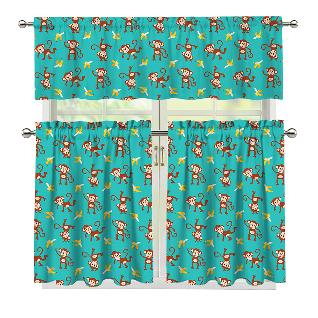 Banana And Monkey Pattern Print 3 Piece Kitchen Curtains