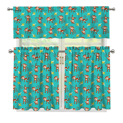 Banana And Monkey Pattern Print 3 Piece Kitchen Curtains
