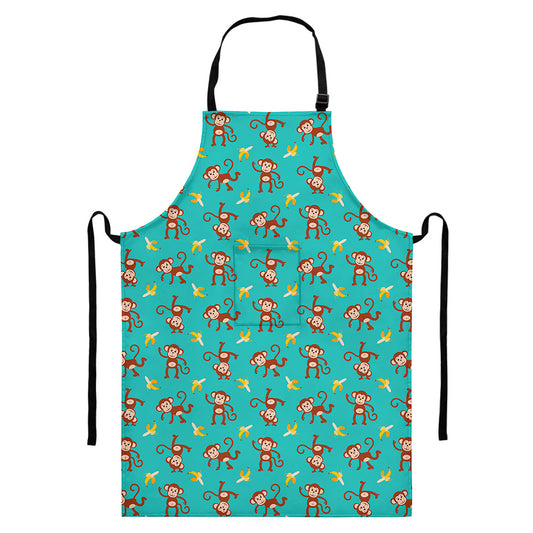 Banana And Monkey Pattern Print Bib Apron With Pocket