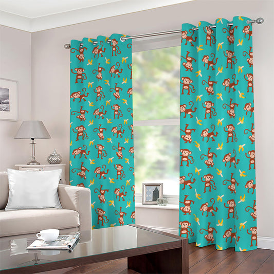 Banana And Monkey Pattern Print Blackout Grommet Curtains