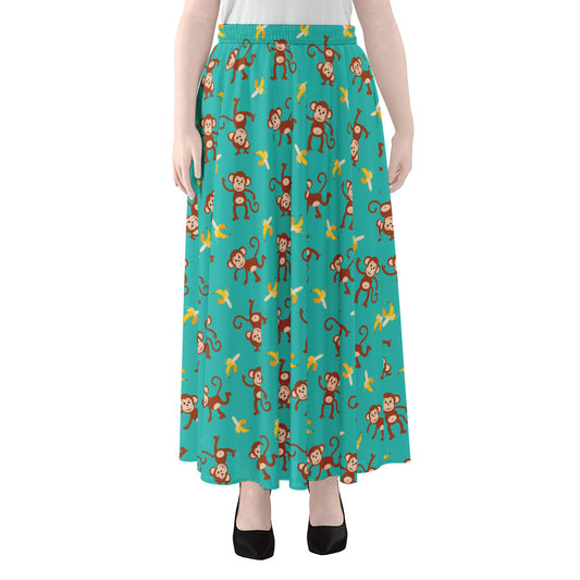 Banana And Monkey Pattern Print Chiffon Maxi Skirt