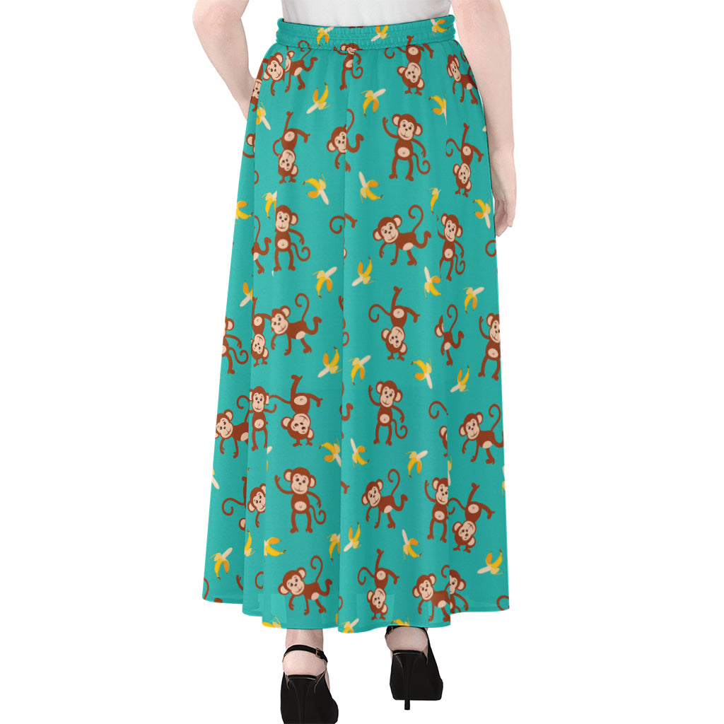 Banana And Monkey Pattern Print Chiffon Maxi Skirt