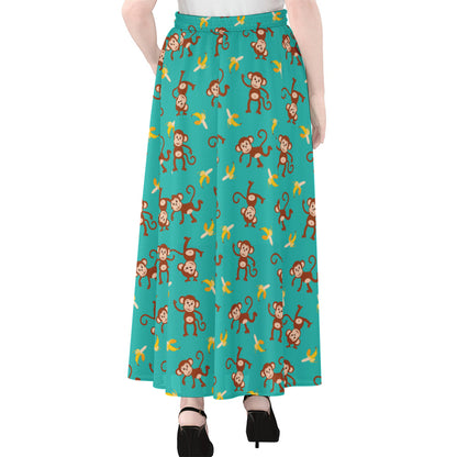Banana And Monkey Pattern Print Chiffon Maxi Skirt