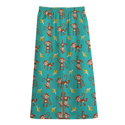Banana And Monkey Pattern Print Cotton Front Slit Maxi Skirt
