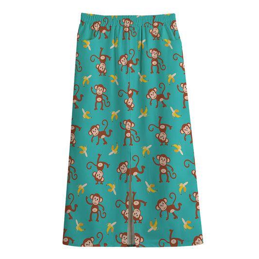 Banana And Monkey Pattern Print Cotton Front Slit Maxi Skirt