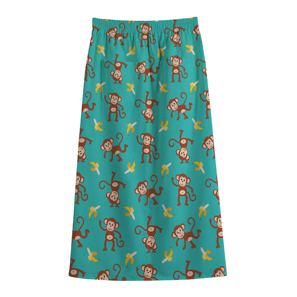 Banana And Monkey Pattern Print Cotton Front Slit Maxi Skirt