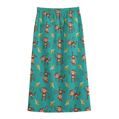 Banana And Monkey Pattern Print Cotton Front Slit Maxi Skirt