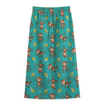 Banana And Monkey Pattern Print Cotton Front Slit Maxi Skirt