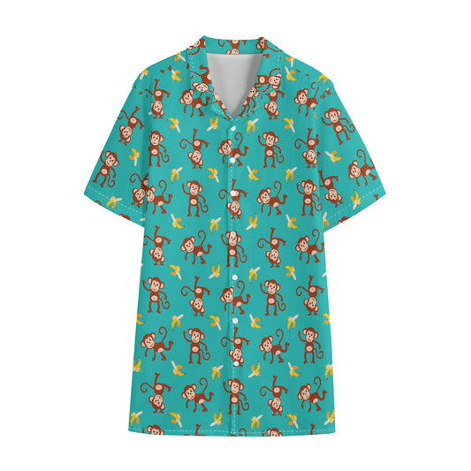 Banana And Monkey Pattern Print Cotton Hawaiian Shirt