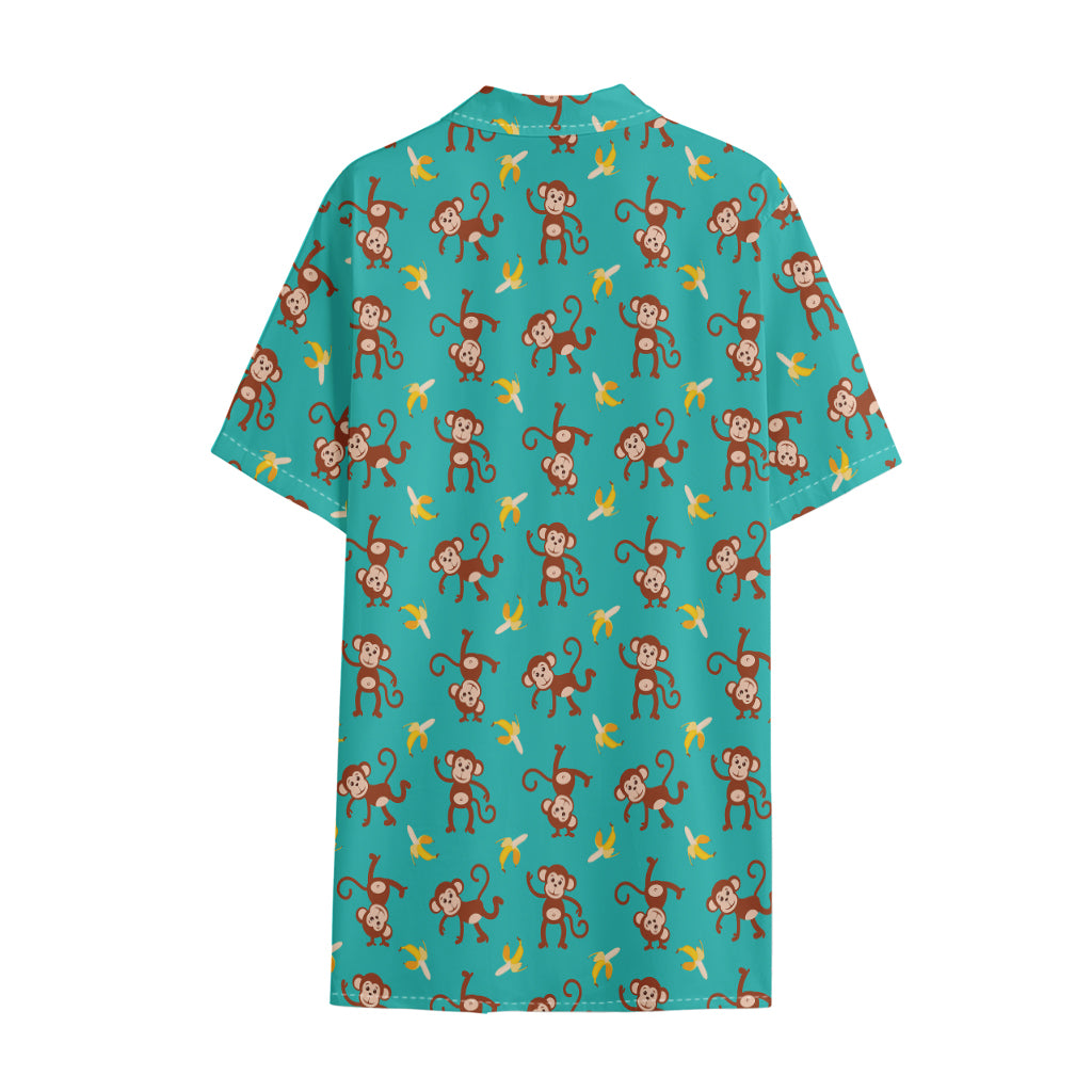 Banana And Monkey Pattern Print Cotton Hawaiian Shirt