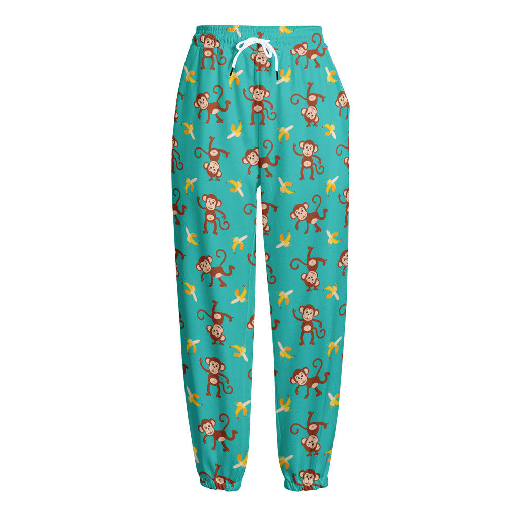Banana And Monkey Pattern Print Fleece Lined Knit Pants