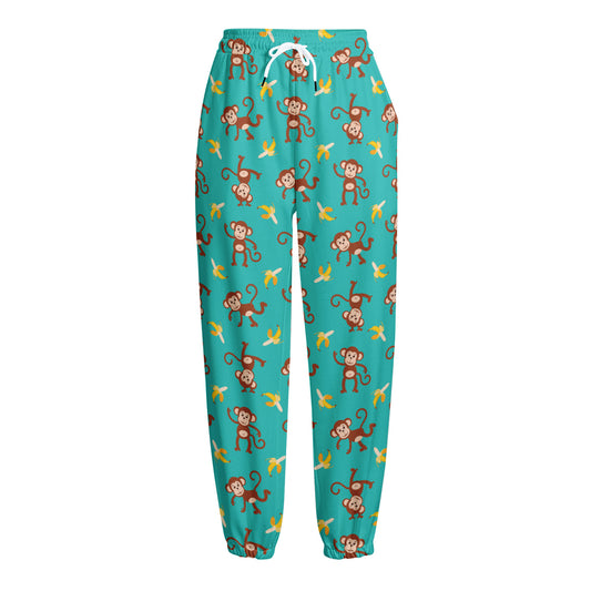 Banana And Monkey Pattern Print Fleece Lined Knit Pants
