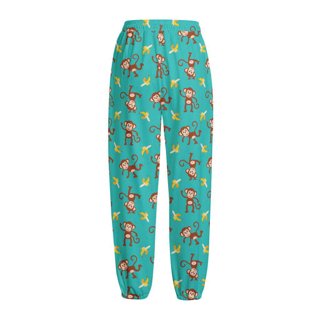 Banana And Monkey Pattern Print Fleece Lined Knit Pants