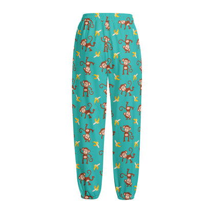 Banana And Monkey Pattern Print Fleece Lined Knit Pants