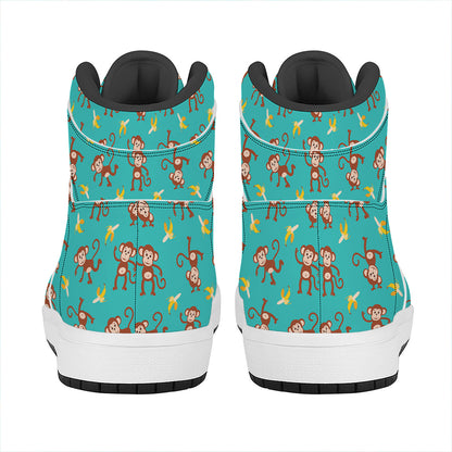 Banana And Monkey Pattern Print High Top Leather Sneakers