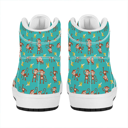 Banana And Monkey Pattern Print High Top Leather Sneakers