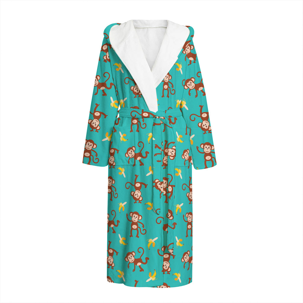 Banana And Monkey Pattern Print Hooded Bathrobe