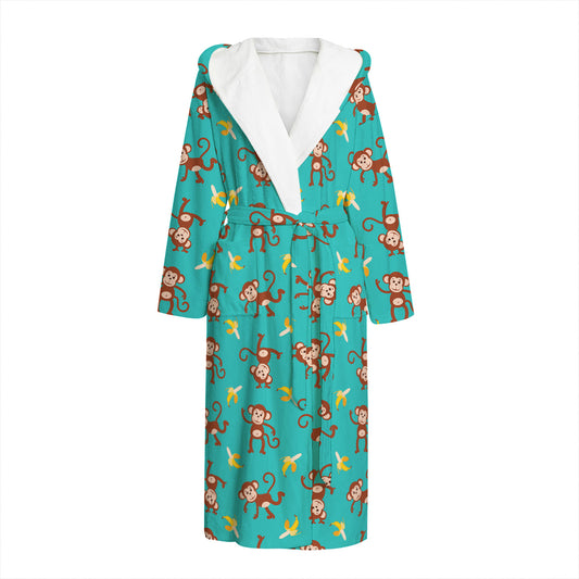 Banana And Monkey Pattern Print Hooded Bathrobe