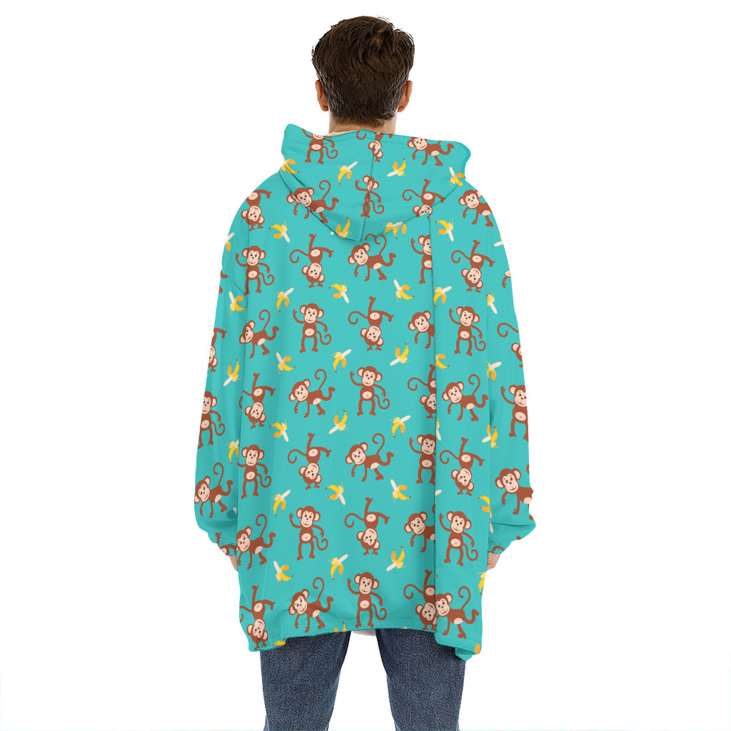 Banana And Monkey Pattern Print Hoodie Blanket