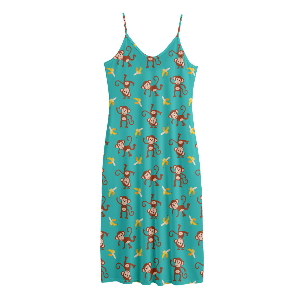 Banana And Monkey Pattern Print Jersey Midi Cami Dress