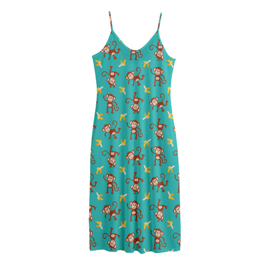 Banana And Monkey Pattern Print Jersey Midi Cami Dress