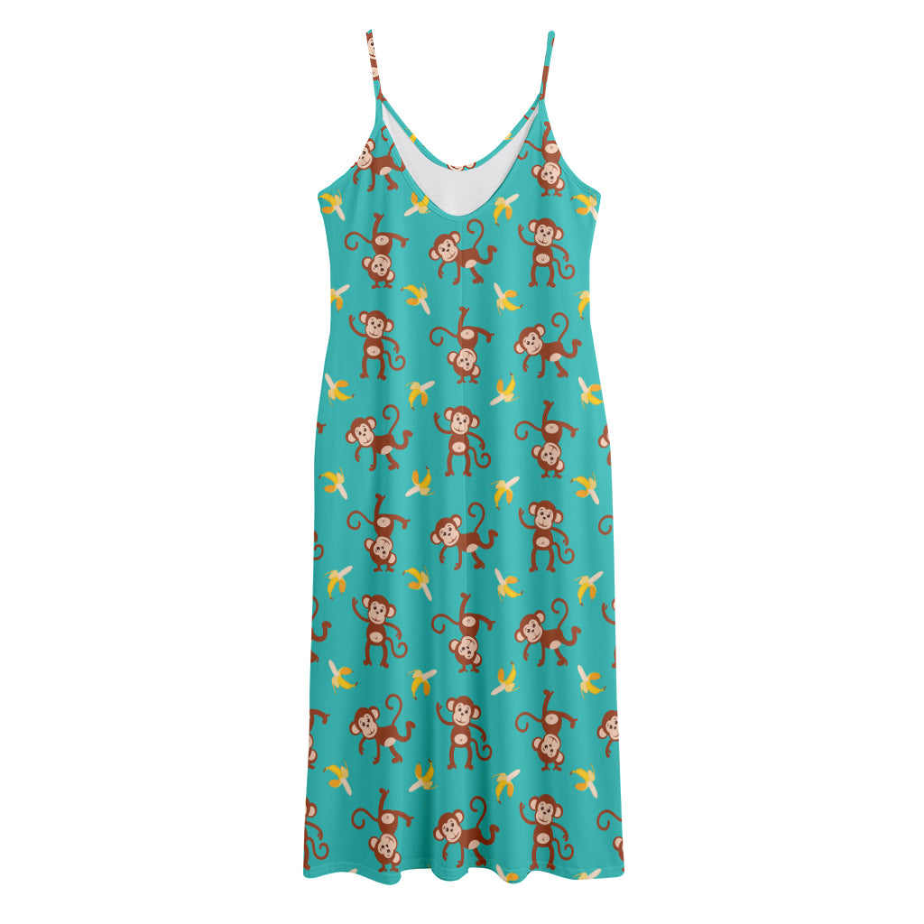 Banana And Monkey Pattern Print Jersey Midi Cami Dress