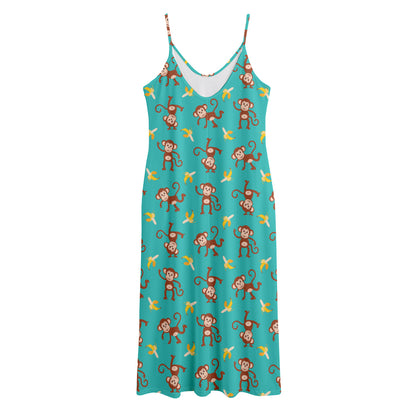 Banana And Monkey Pattern Print Jersey Midi Cami Dress