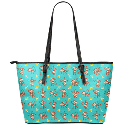 Banana And Monkey Pattern Print Leather Tote Bag