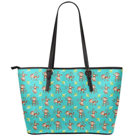 Banana And Monkey Pattern Print Leather Tote Bag