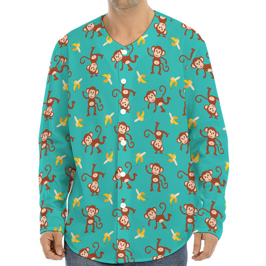 Banana And Monkey Pattern Print Long Sleeve Baseball Jersey