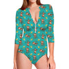 Banana And Monkey Pattern Print Long Sleeve Swimsuit