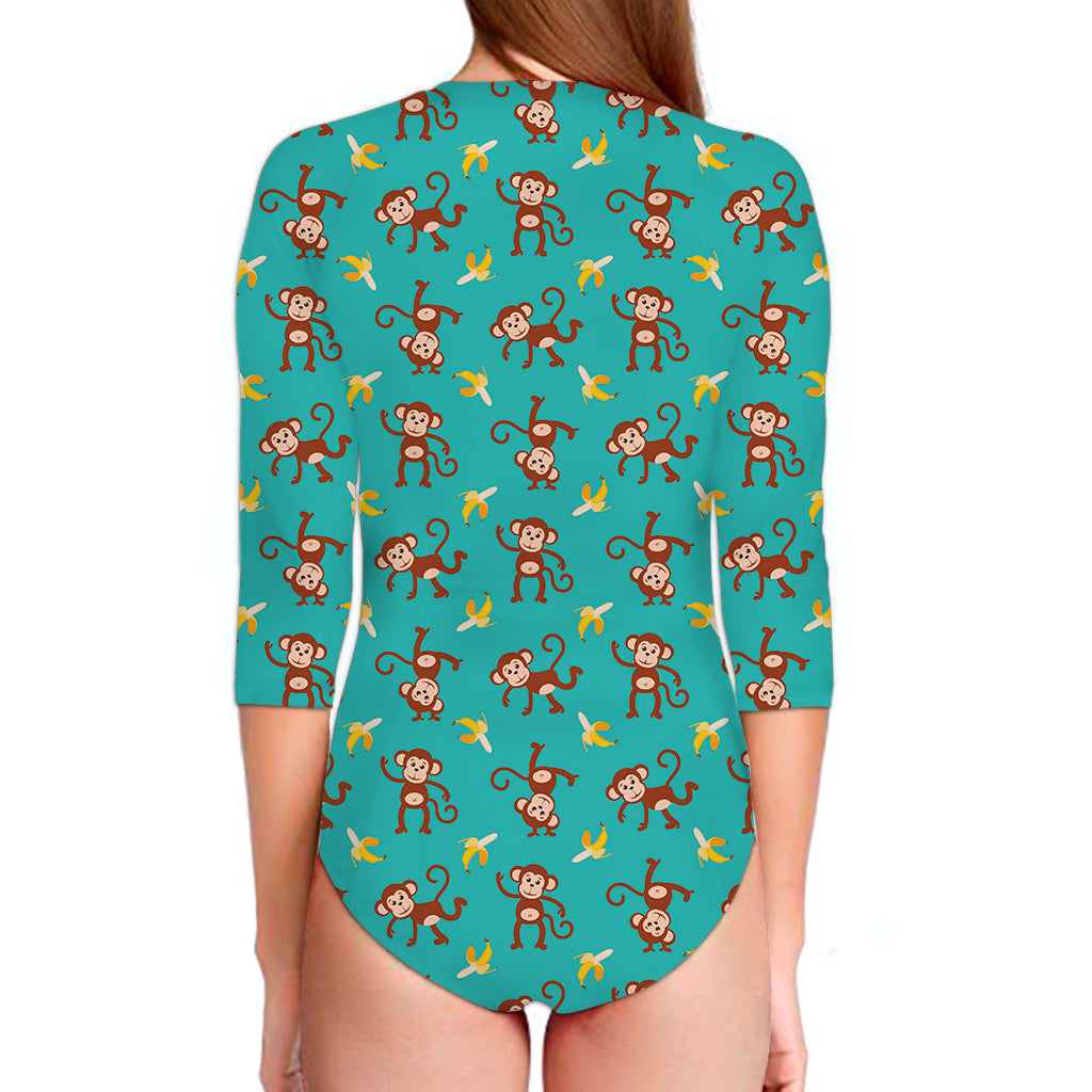 Banana And Monkey Pattern Print Long Sleeve Swimsuit