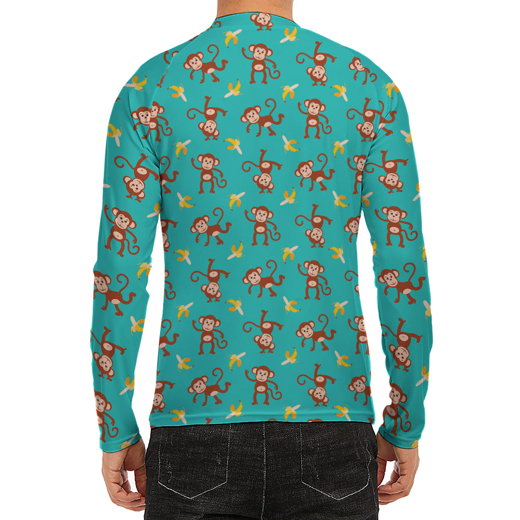 Banana And Monkey Pattern Print Men's Long Sleeve Rash Guard