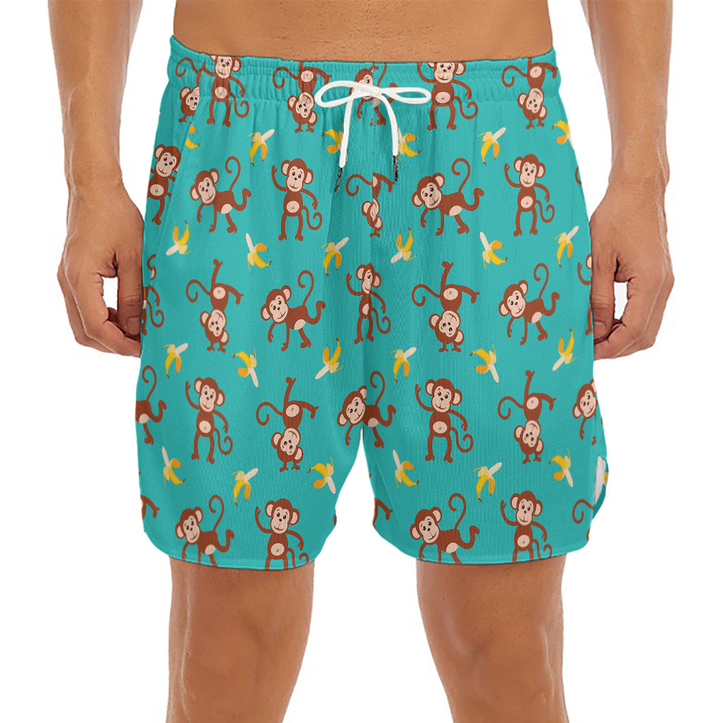 Banana And Monkey Pattern Print Men's Split Running Shorts