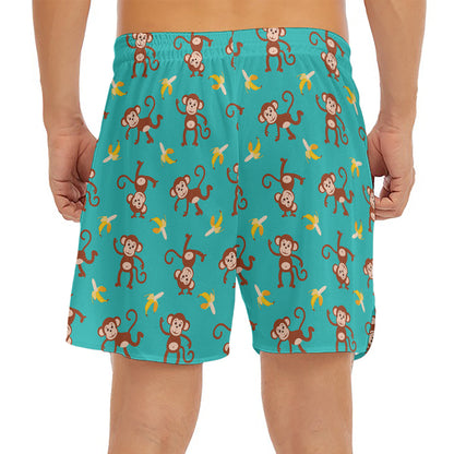 Banana And Monkey Pattern Print Men's Split Running Shorts