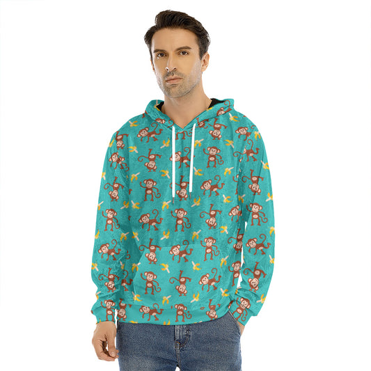 Banana And Monkey Pattern Print Men's Velvet Pullover Hoodie