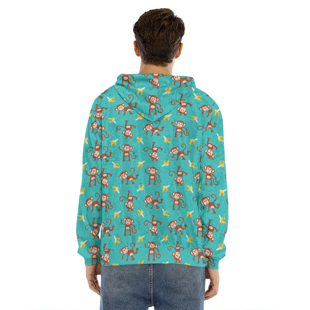 Banana And Monkey Pattern Print Men's Velvet Pullover Hoodie