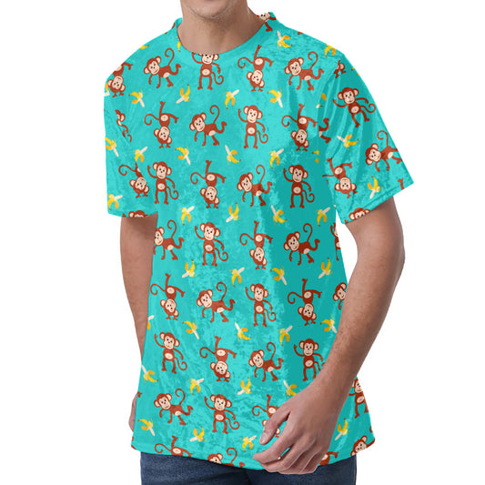 Banana And Monkey Pattern Print Men's Velvet T-Shirt
