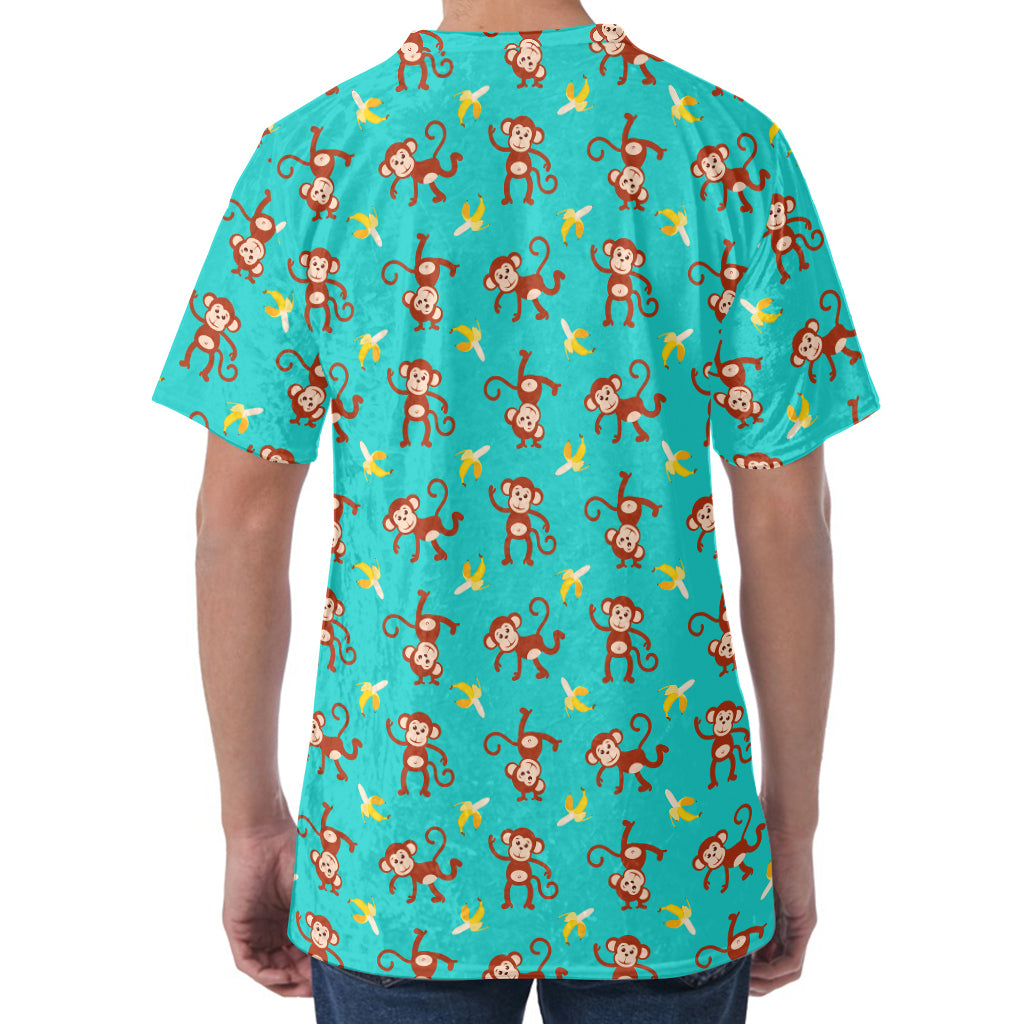 Banana And Monkey Pattern Print Men's Velvet T-Shirt