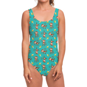 Banana And Monkey Pattern Print One Piece Swimsuit