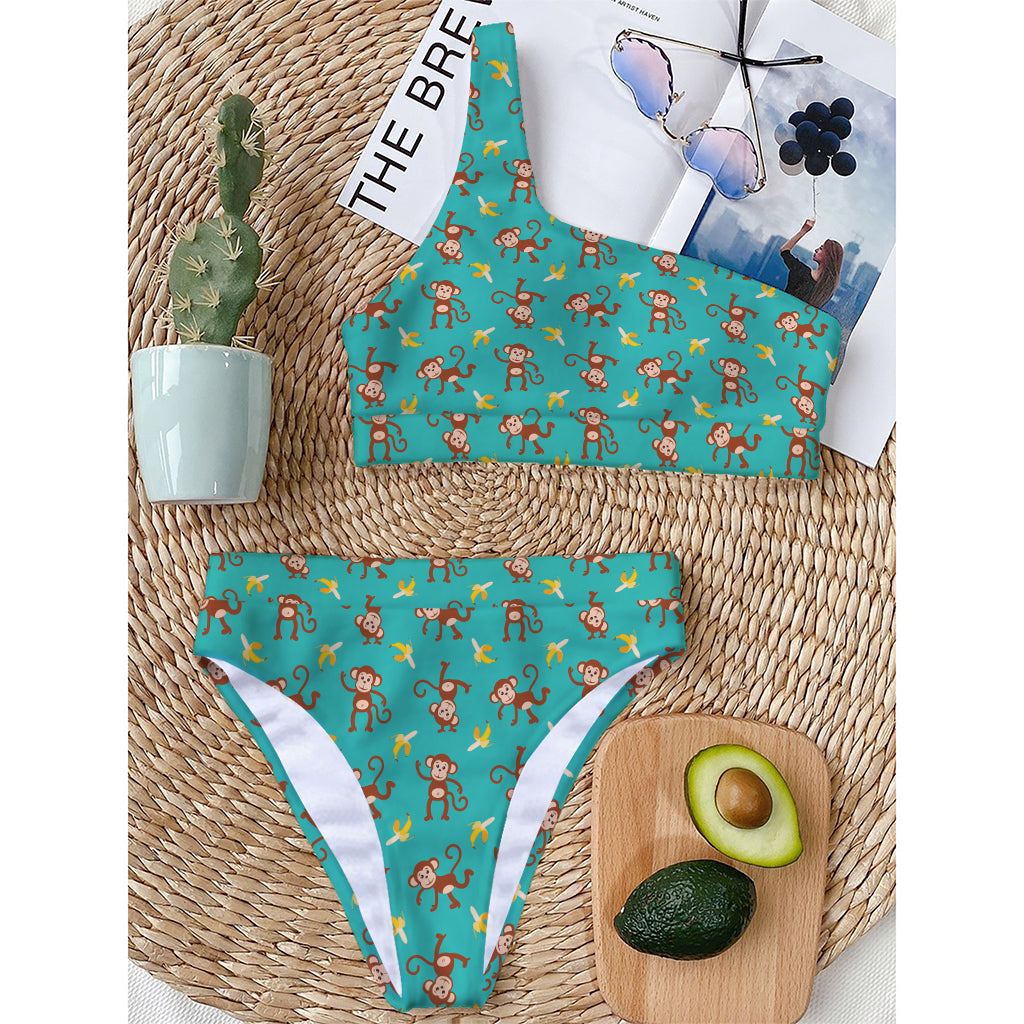Banana And Monkey Pattern Print One Shoulder Bikini Top