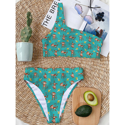Banana And Monkey Pattern Print One Shoulder Bikini Top