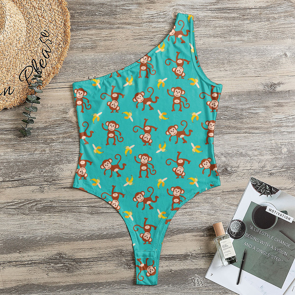 Banana And Monkey Pattern Print One Shoulder Bodysuit