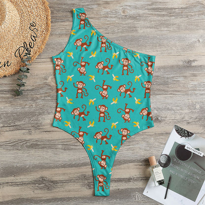 Banana And Monkey Pattern Print One Shoulder Bodysuit